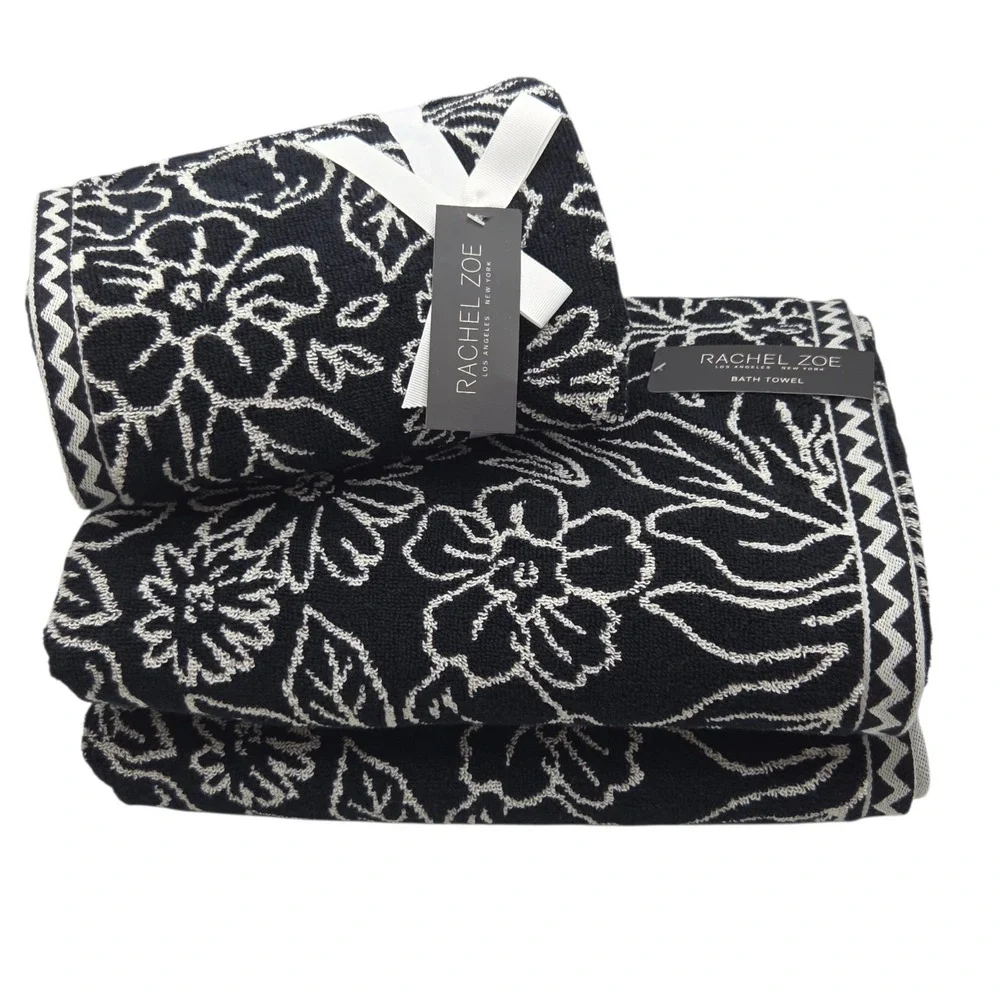 Rachel Zoe Black Ecru Floral Reversible Cotton Towel Set 4pc 2 Bath 2 Hand